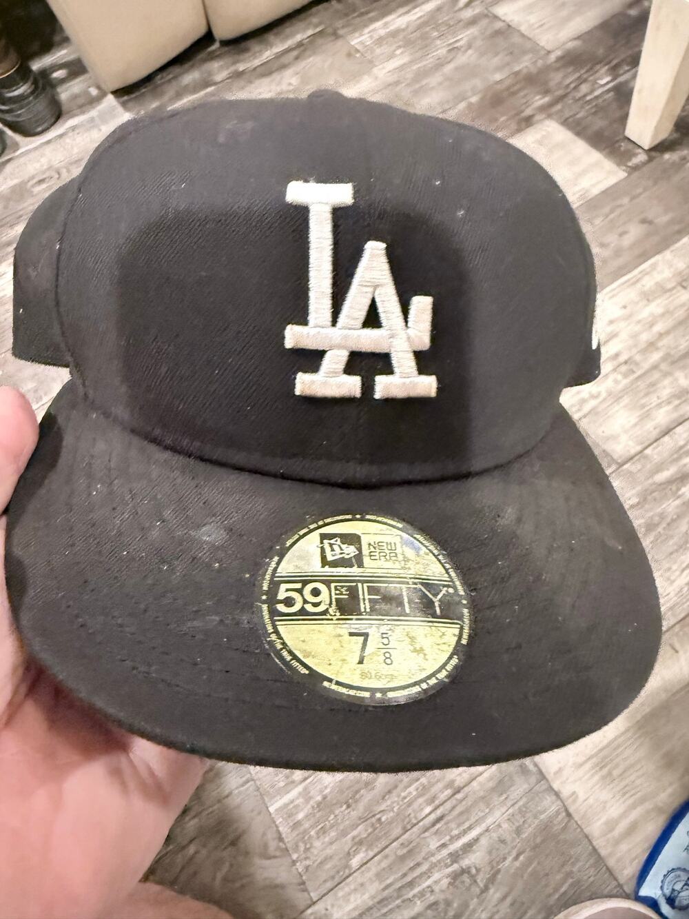 New Era LA Dodgers 59FIFTY Fitted Hat Black White Size 7 5/8 MLB